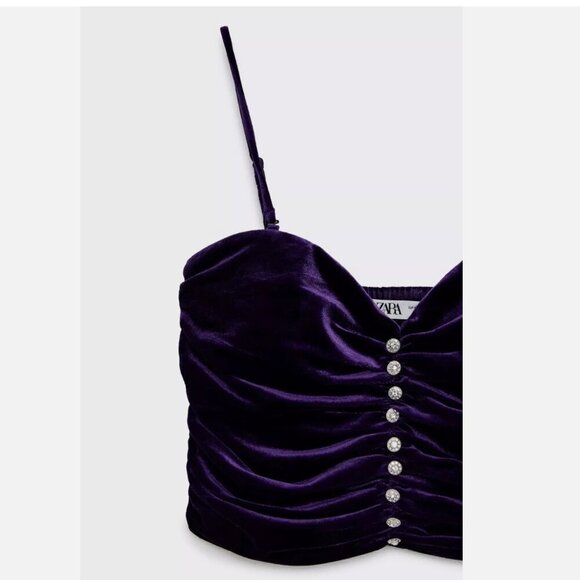 Zara Purple Velvet Ruched Crop Top with Spaghetti Straps - Size Small NWT - Picture 9 of 9